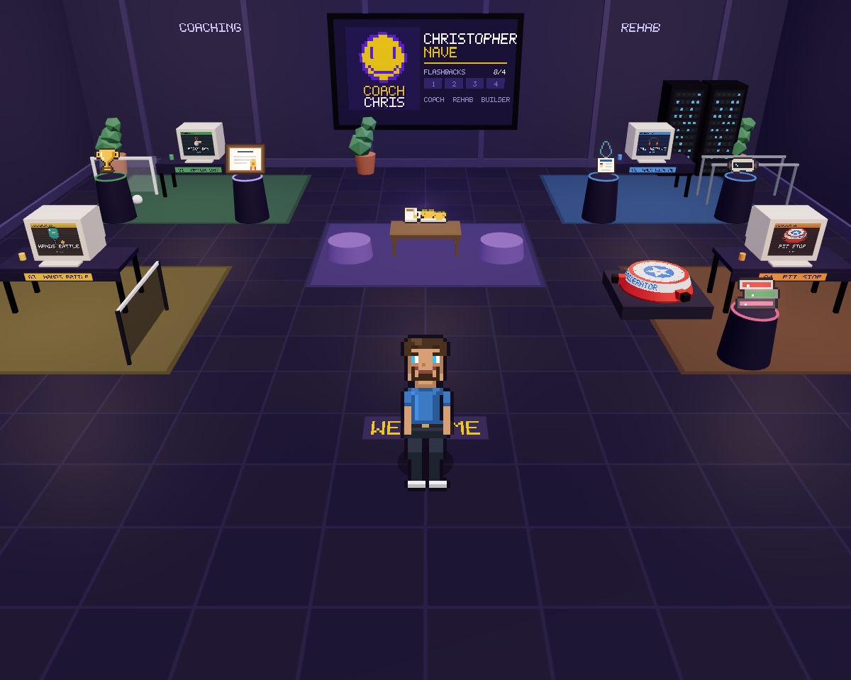 Christopher’s 3D lab: four zones, each with a retro monitor and pedestals in front of it, and his pixel character standing on the welcome mat
